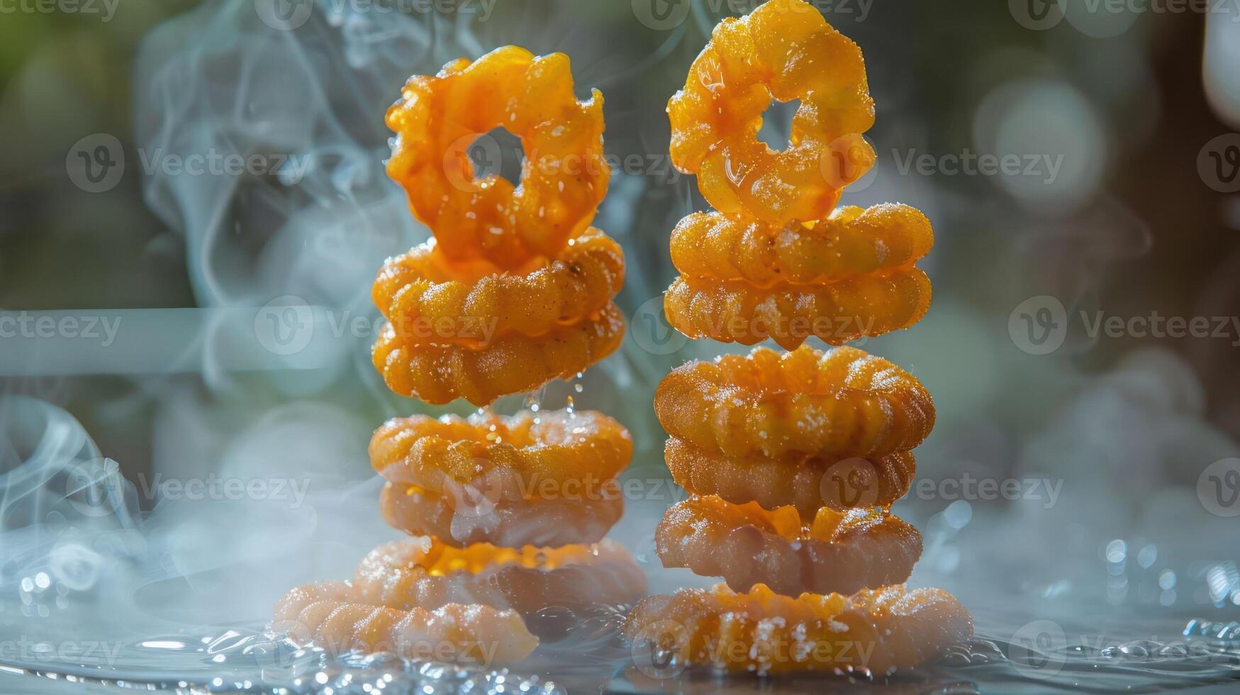 Two stacks of golden, ring-shaped snacks with steam and bokeh background. photo