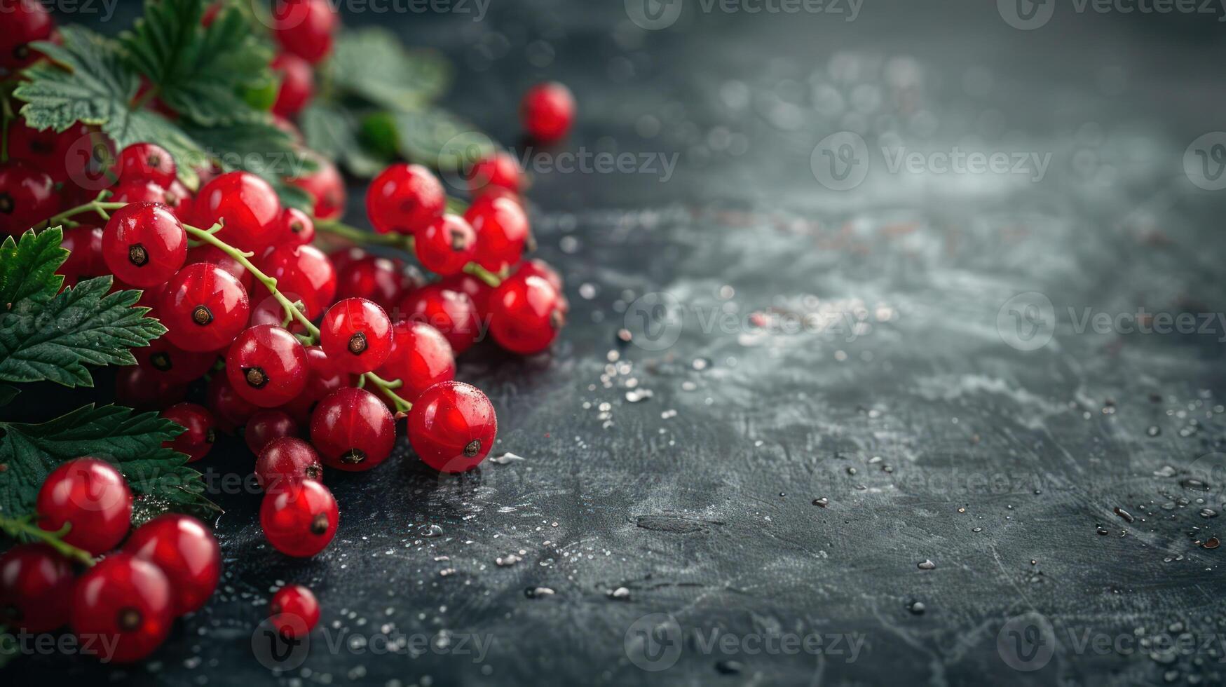 A close-up of vibrant red currants on a textured dark surface. photo
