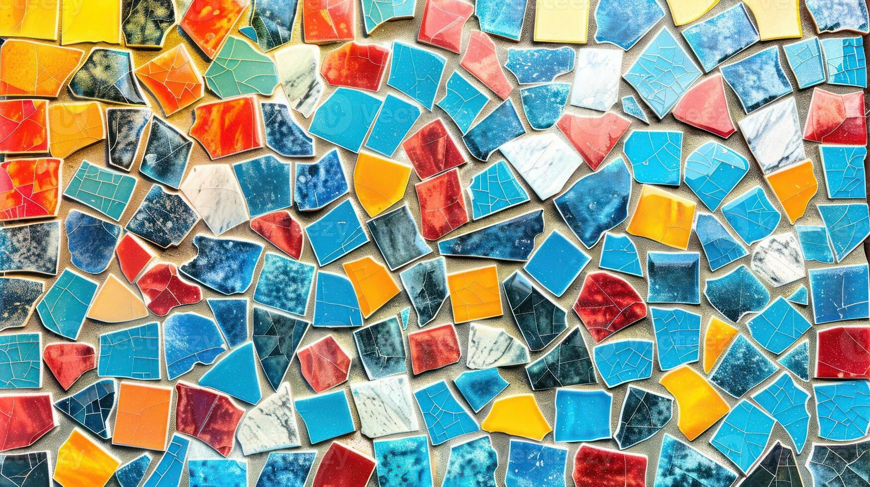A vibrant assortment of colorful mosaic tiles arranged in a visually appealing pattern. photo