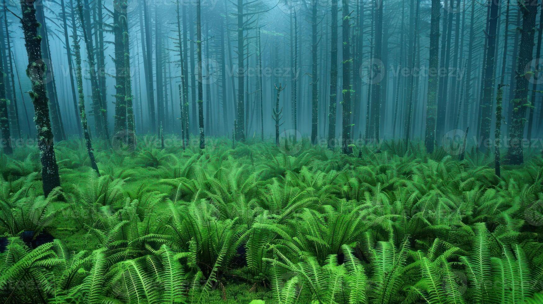 A misty forest scene with lush ferns and tall trees, evoking tranquility and nature's beauty. photo