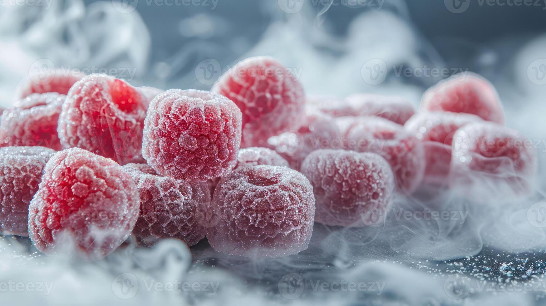 Frozen raspberries with a misty background, highlighting their texture and freshness. photo