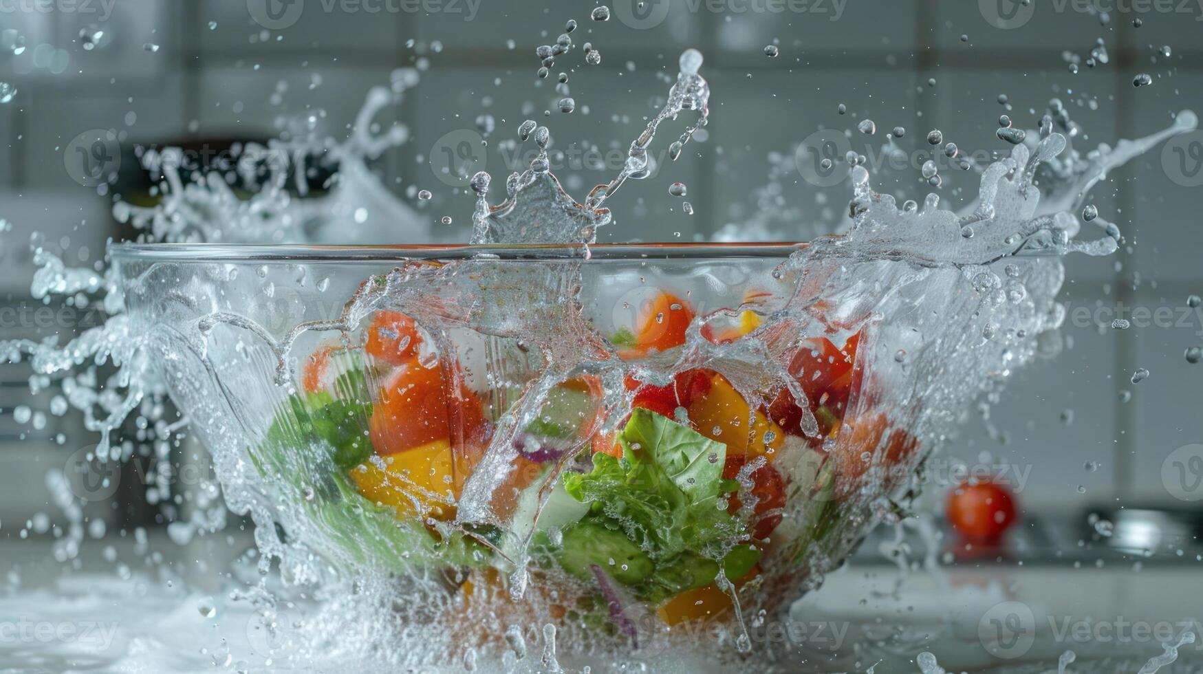 A vibrant salad splashes in a bowl, showcasing freshness and culinary excitement. photo
