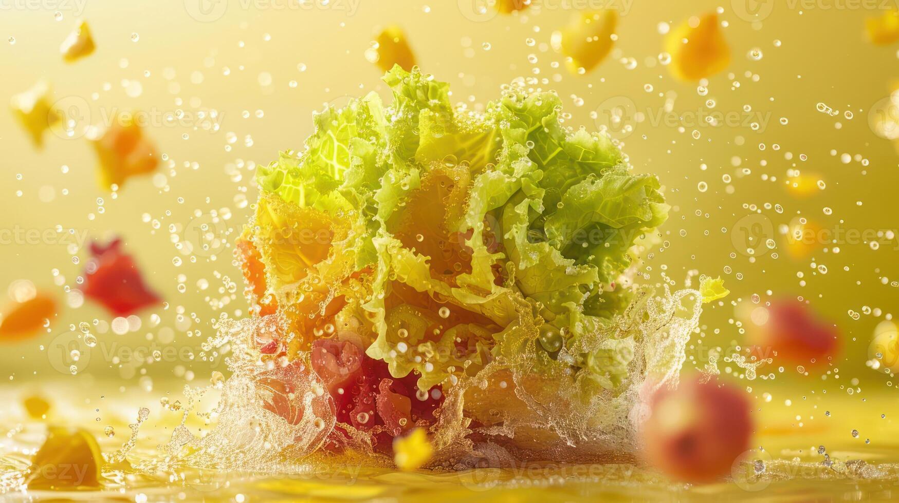 A vibrant splash of lettuce surrounded by water droplets, highlighting freshness and vitality. photo