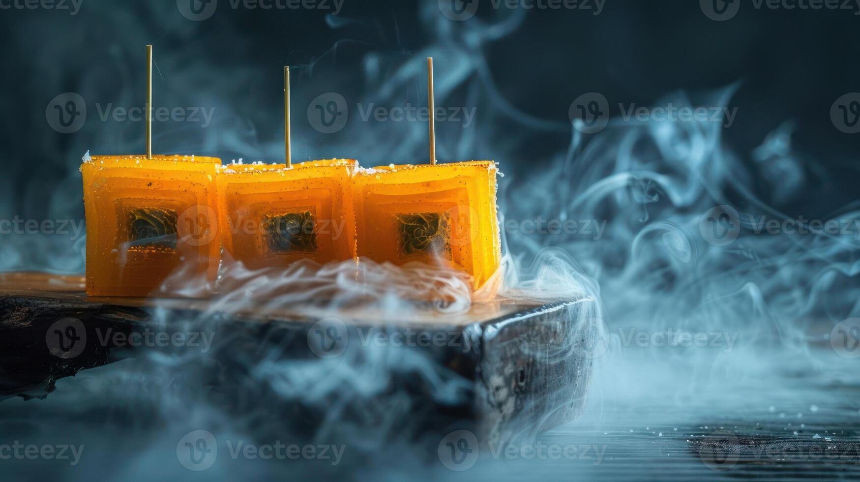 Three vibrant orange desserts on a wooden surface, surrounded by mist for a dramatic effect. photo