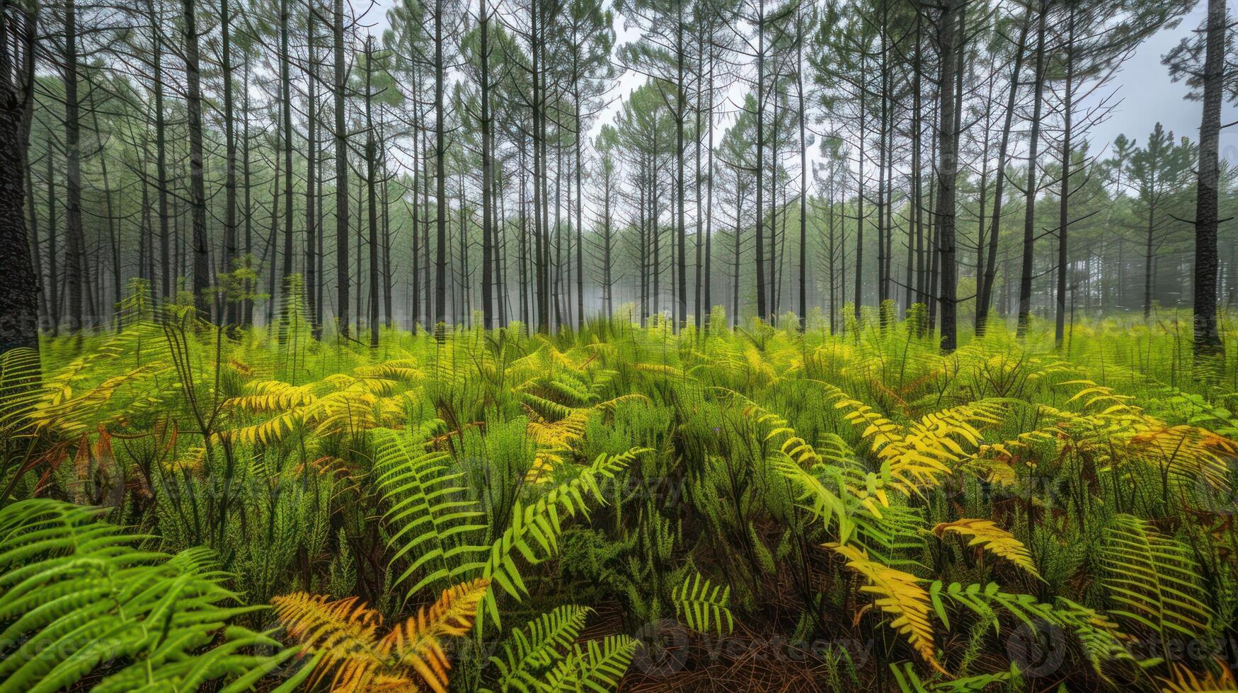 A serene forest scene with lush ferns and tall trees enveloped in mist. photo