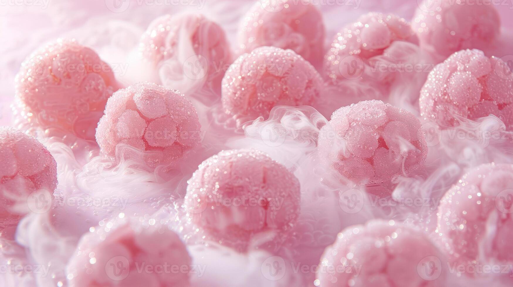 A close-up of pink, frosted spheres resembling raspberries, surrounded by mist. photo