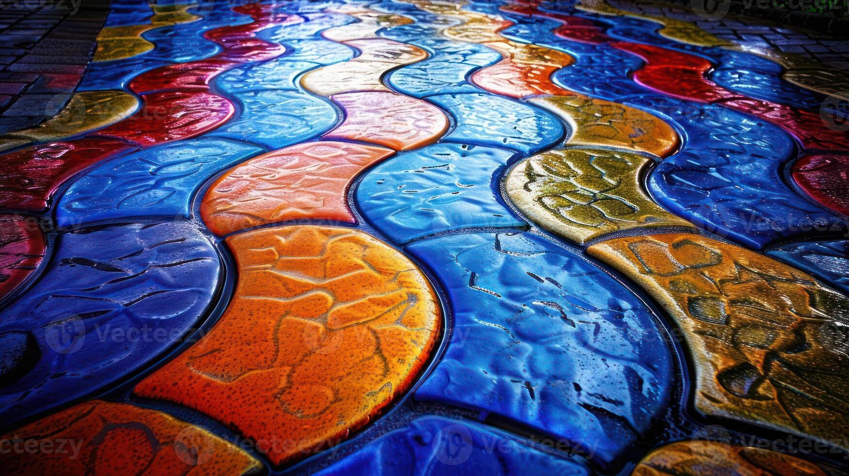 Vibrant, wavy-patterned pavement in bright colors, showcasing artistic design and texture. photo