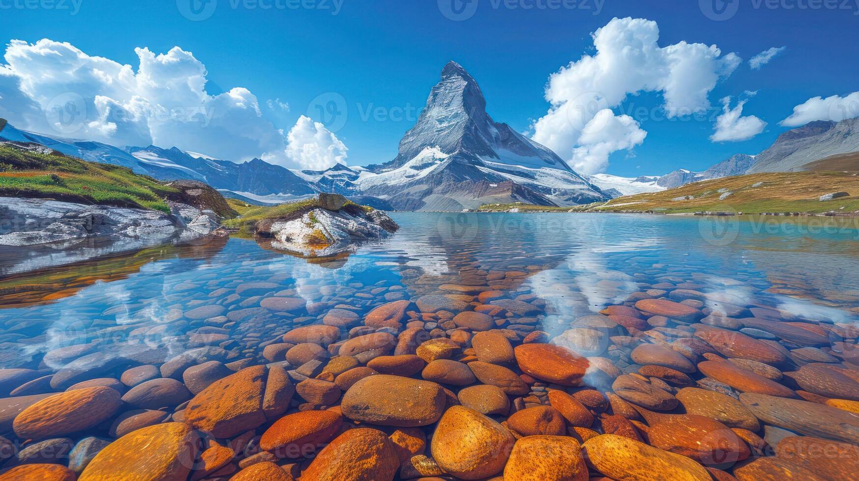 Scenic view of a mountain reflecting in a clear lake with colorful pebbles in the foreground. photo