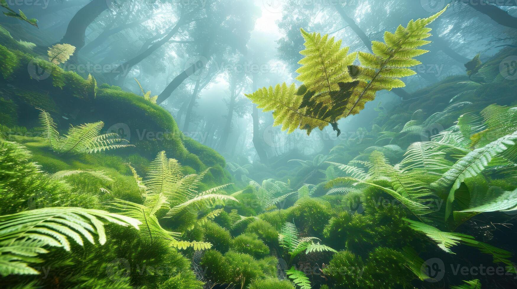 A serene forest scene with lush ferns and misty light filtering through trees. photo