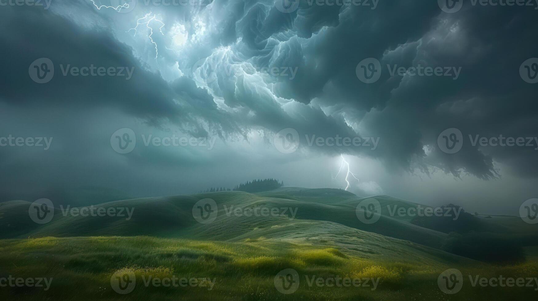 Dramatic storm clouds over rolling green hills, illuminated by flashes of lightning. photo