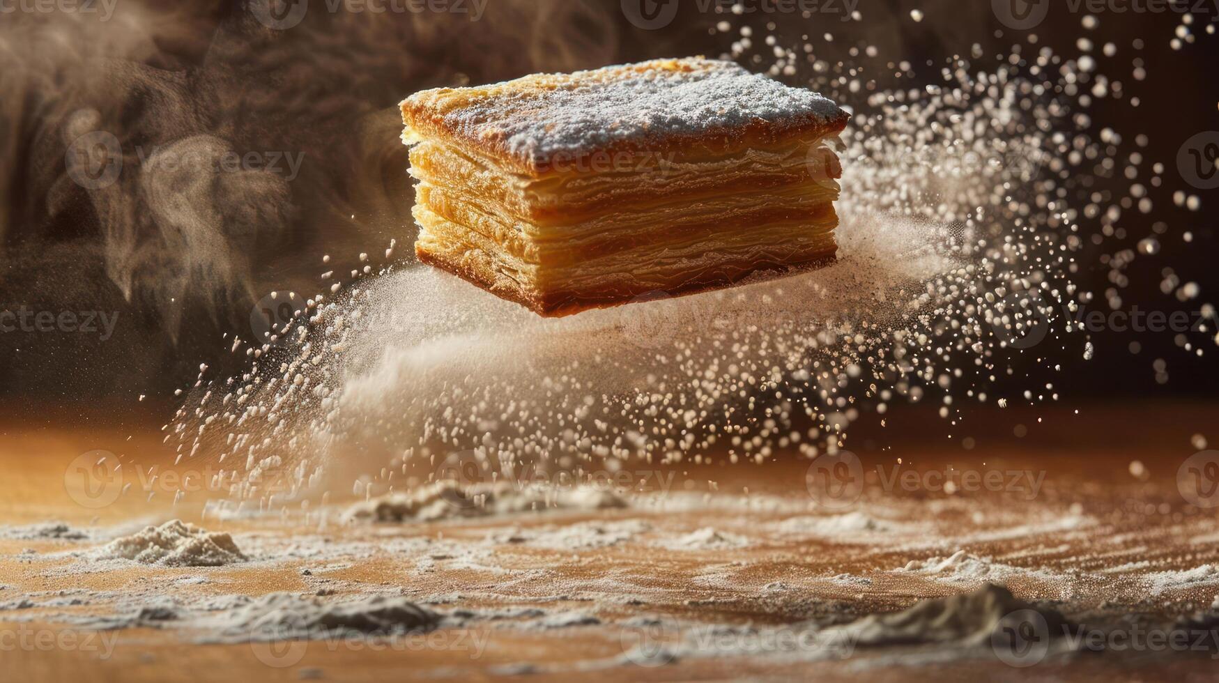 A layered pastry dusted with powdered sugar, seemingly floating amidst a cloud of flour. photo
