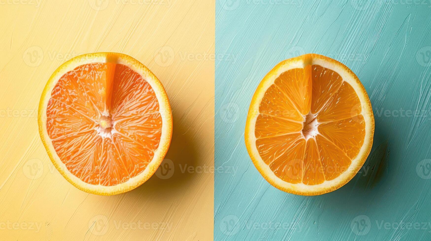 A halved orange displayed on contrasting colored backgrounds. photo