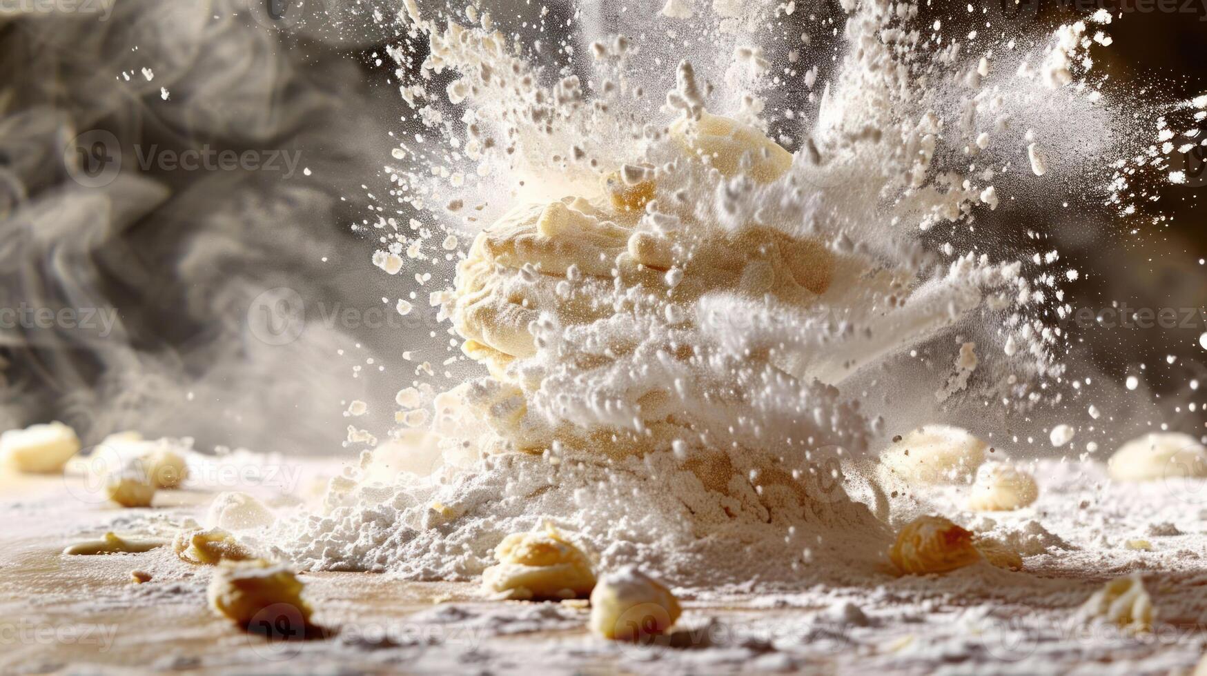 Flour explosion creating a dynamic visual effect in a kitchen setting. photo