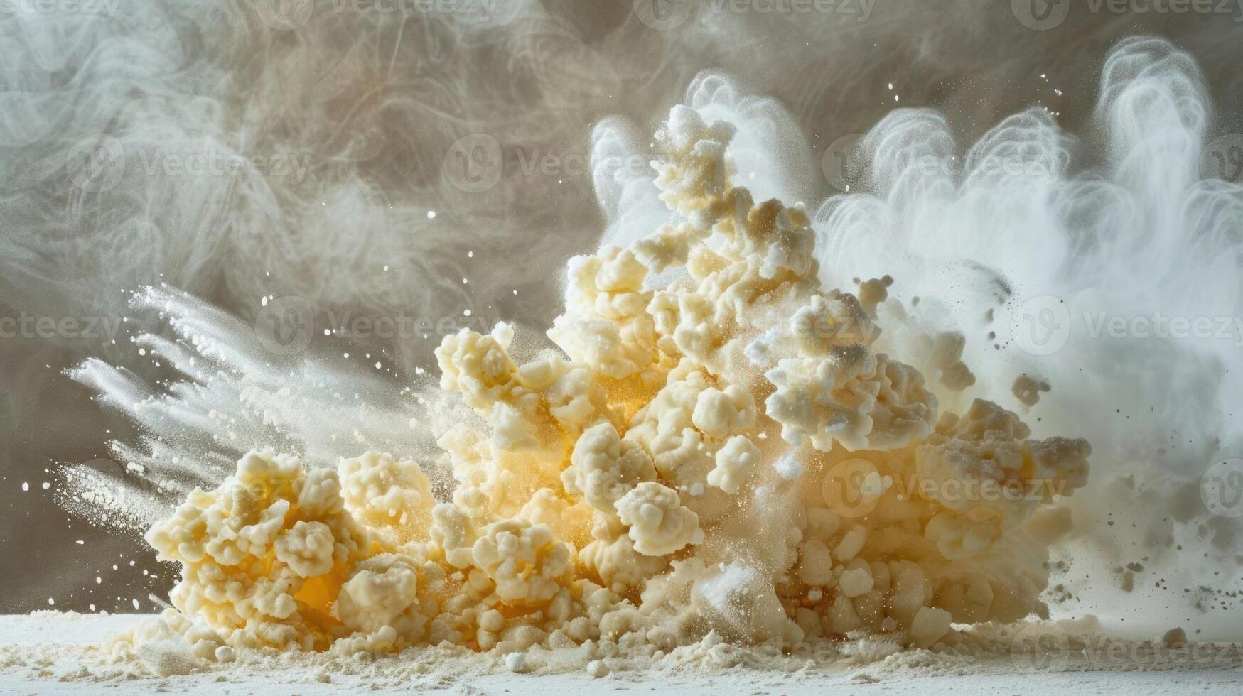 An explosion of popcorn kernels creating a cloud-like effect. photo