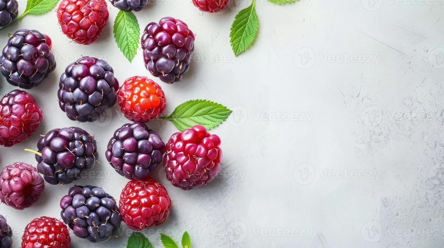 A vibrant arrangement of blackberries and raspberries with green leaves on a light background. photo