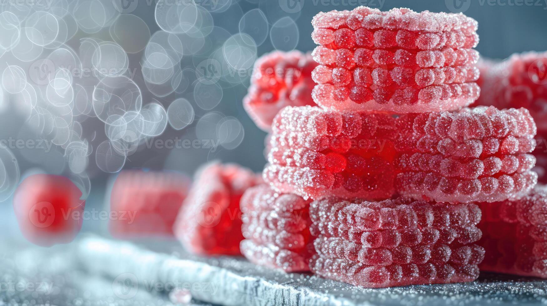 A close-up of stacked red gummy candies coated in sugar, with a blurred background. photo