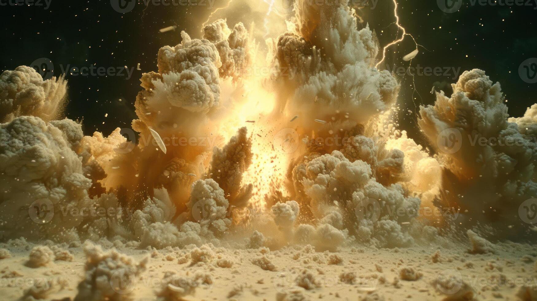 A dramatic explosion with clouds of smoke and sparks illuminating the scene. photo