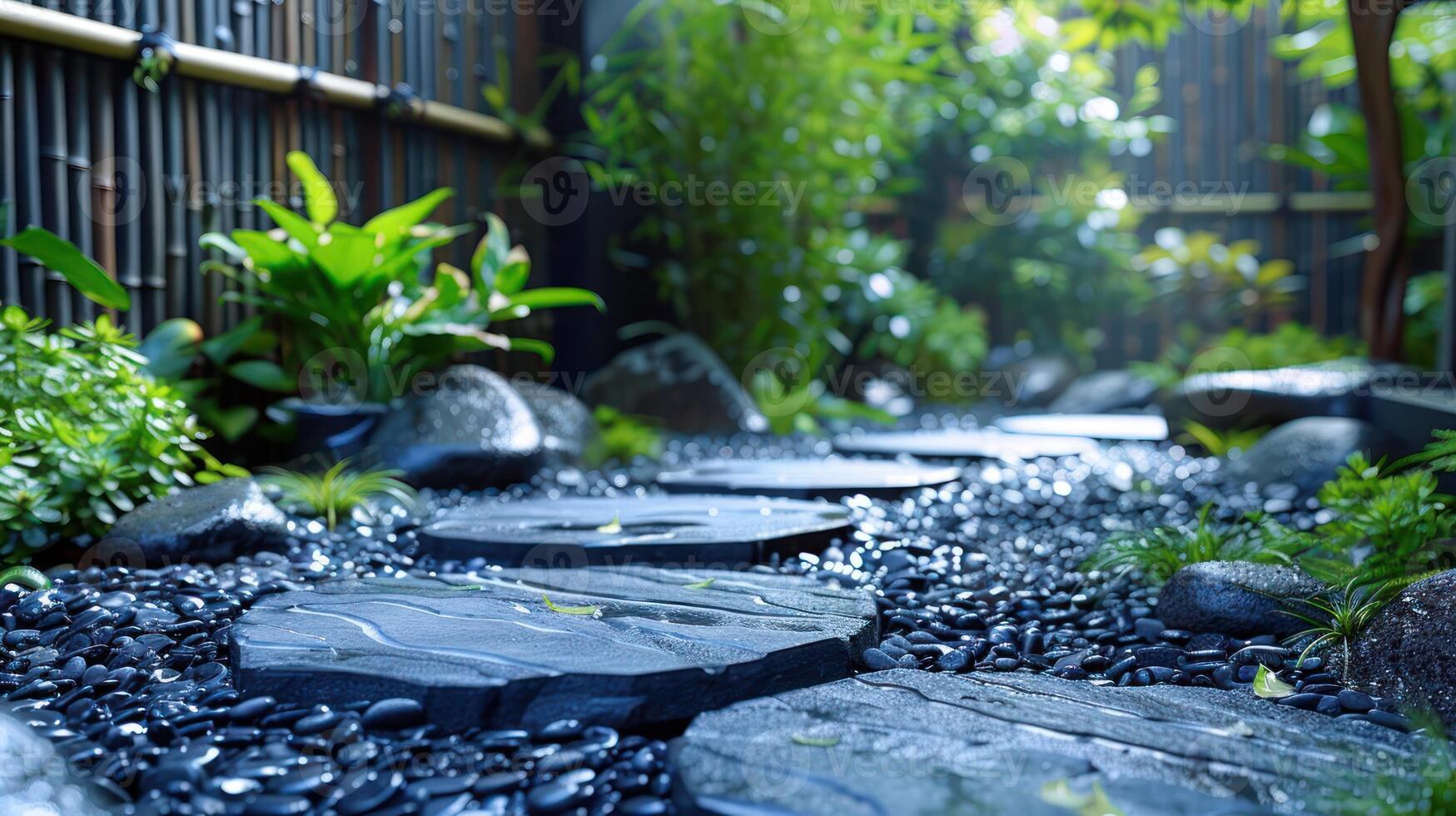 A serene garden pathway with stepping stones and lush greenery. photo