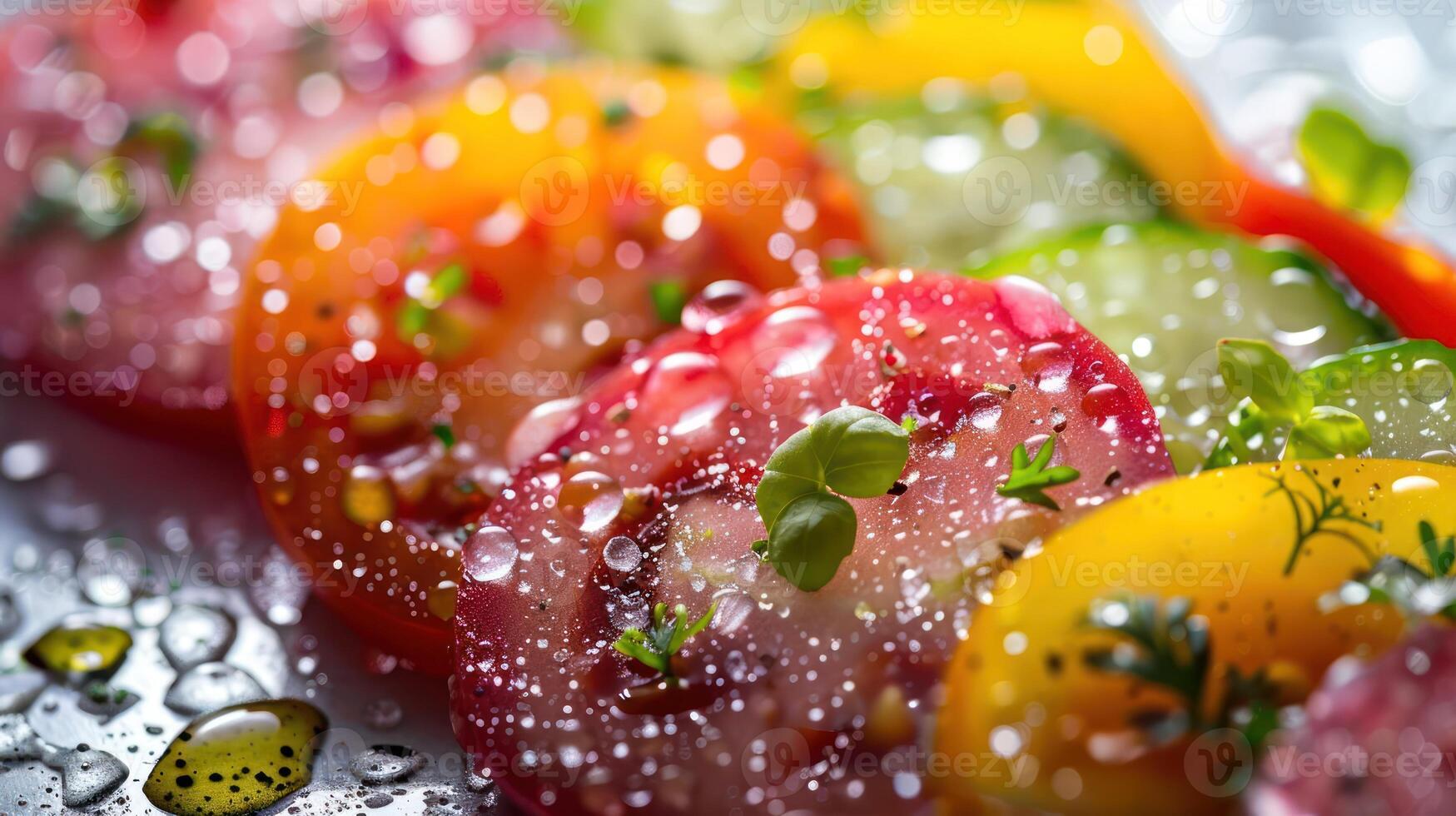 Close-up of colorful sliced tomatoes and cucumbers with droplets, highlighting freshness. photo