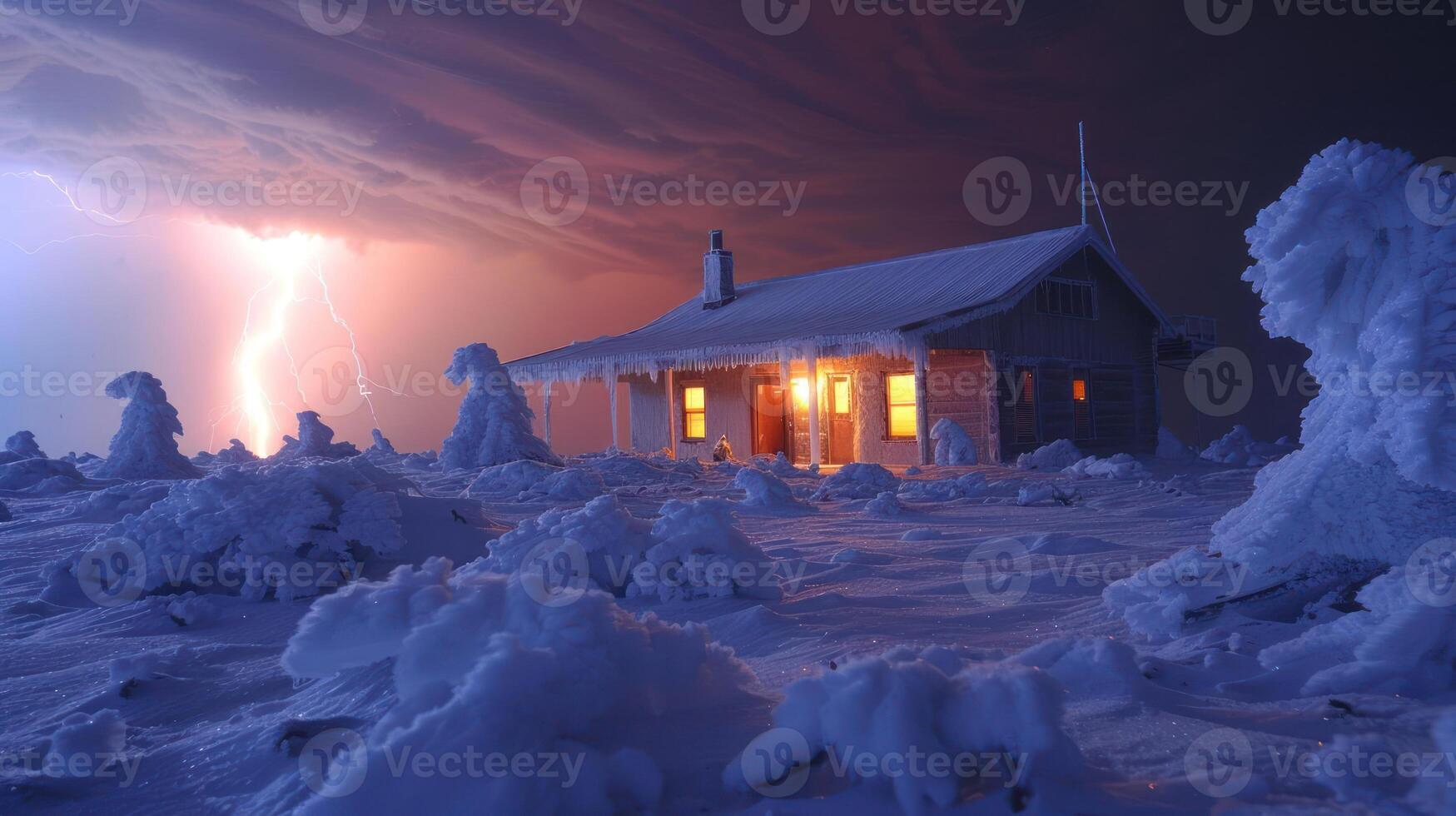A cozy cabin amidst a snowy landscape illuminated by lightning in a dramatic sky. photo