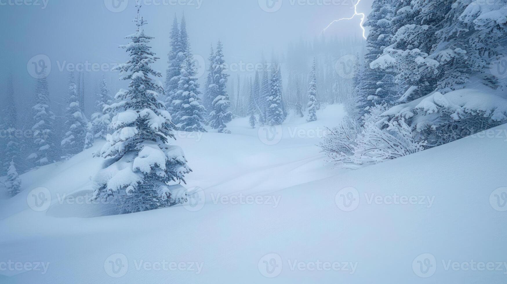 A serene winter landscape with snow-covered trees and a lightning storm in the distance. photo