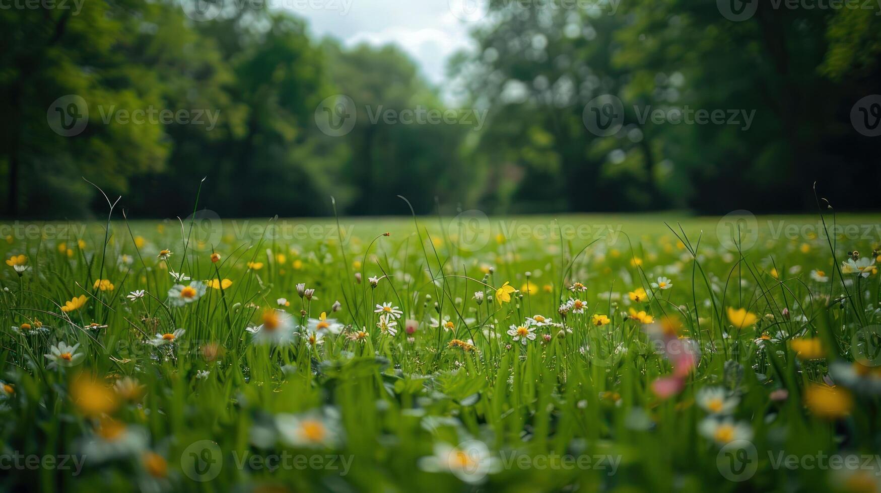 A vibrant field of wildflowers and grass under a soft, cloudy sky. photo