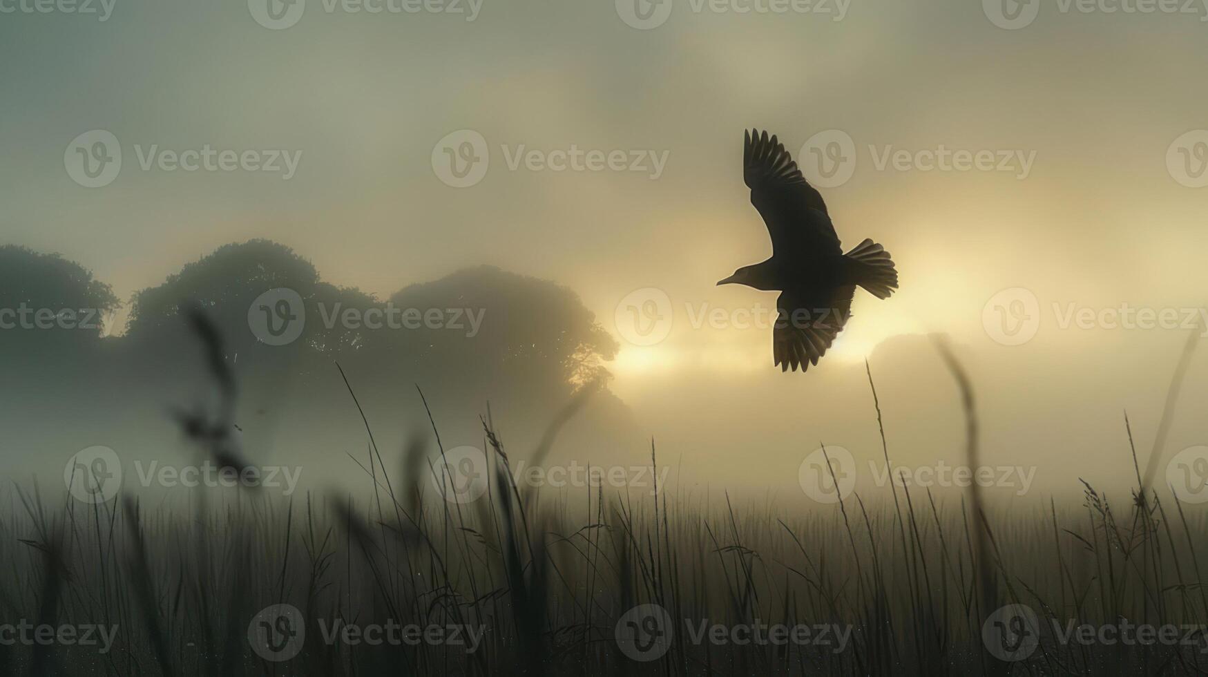 A silhouette of a bird flying over a misty landscape at sunrise. photo