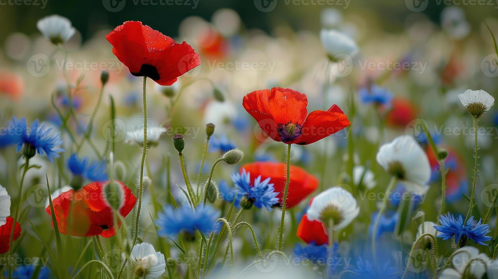 A vibrant field of wildflowers showcasing red poppies, white blooms, and blue cornflowers. photo