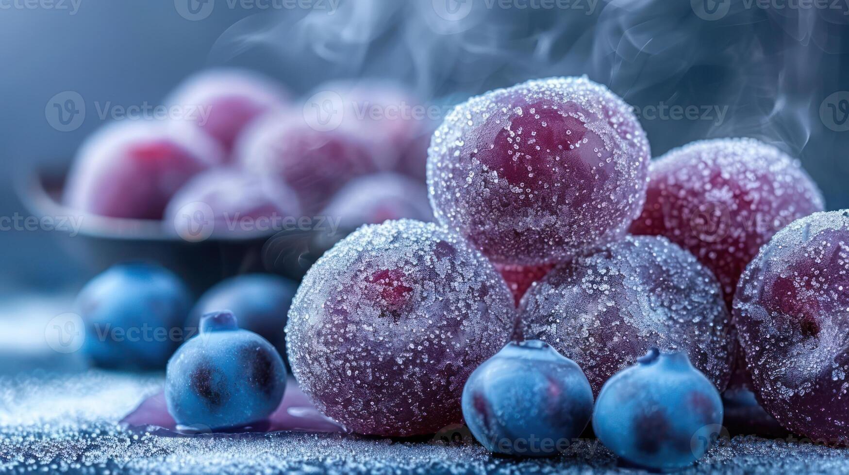 Frosted grapes and blueberries on a cool surface, creating a refreshing visual appeal. photo