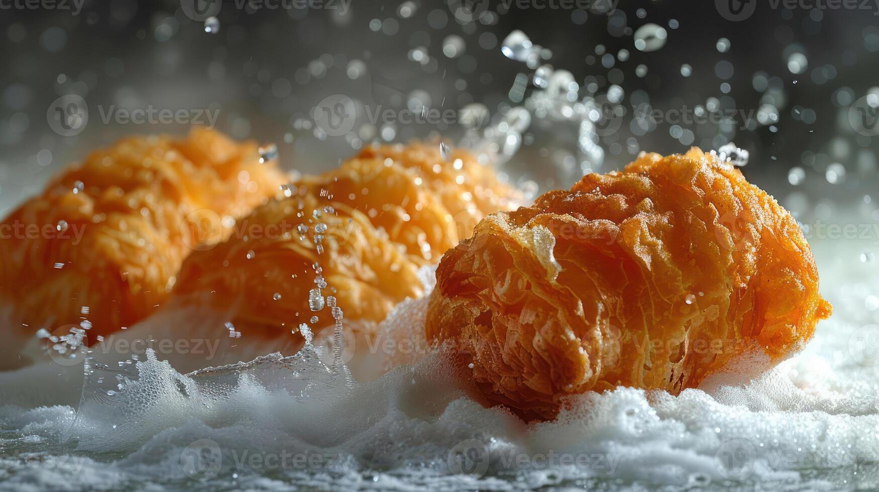 Crispy fried food pieces splashing in water, showcasing texture and cooking process. photo