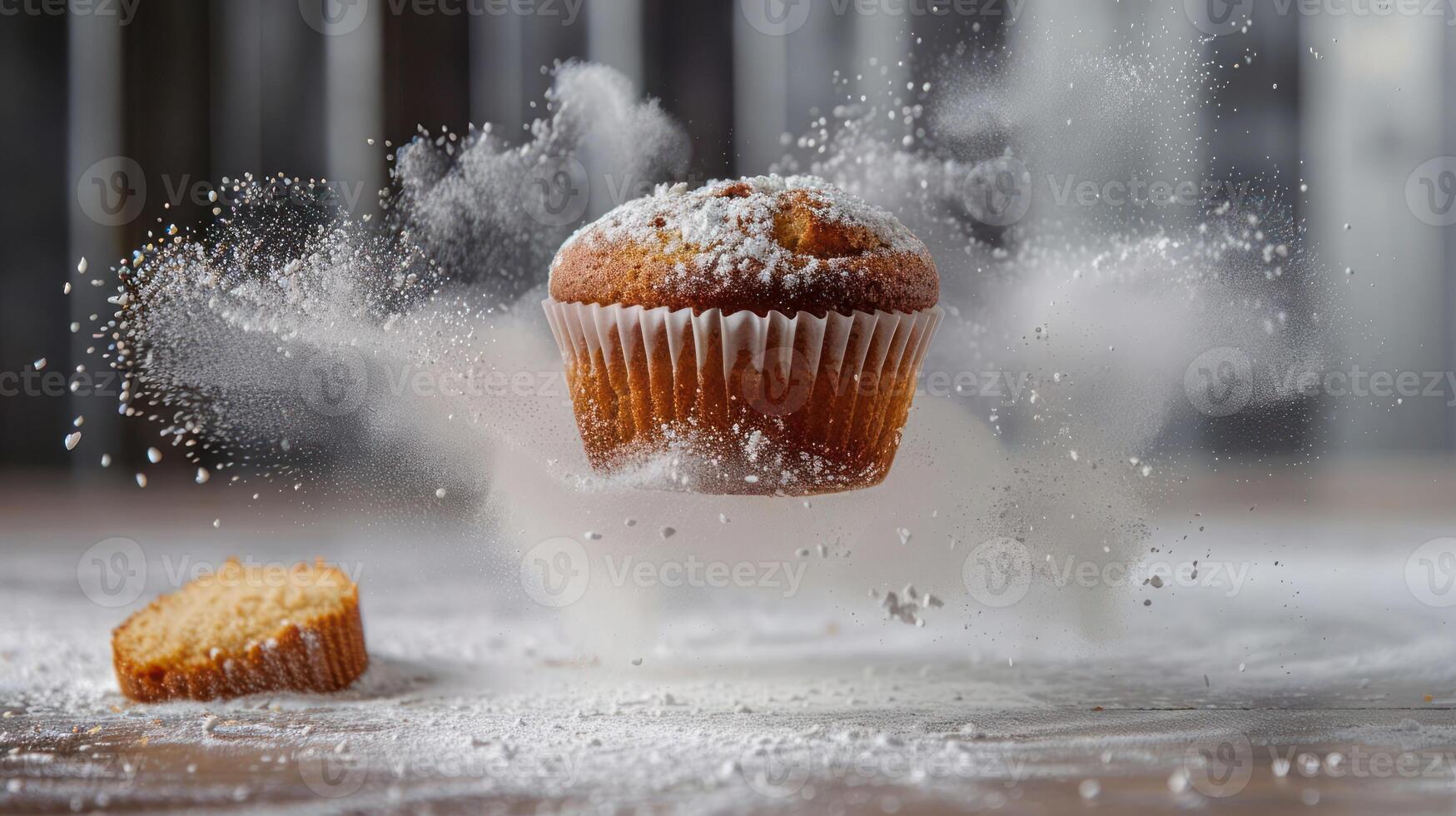 A floating muffin surrounded by a cloud of flour, showcasing food photography artistry. photo