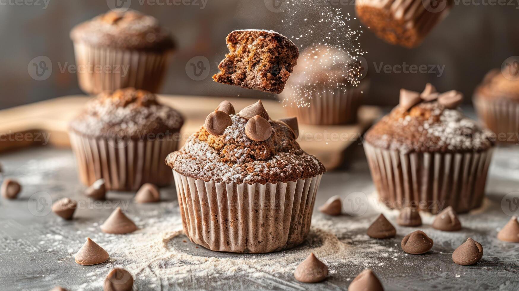A delightful arrangement of chocolate muffins, some with chocolate chips, on a textured surface. photo