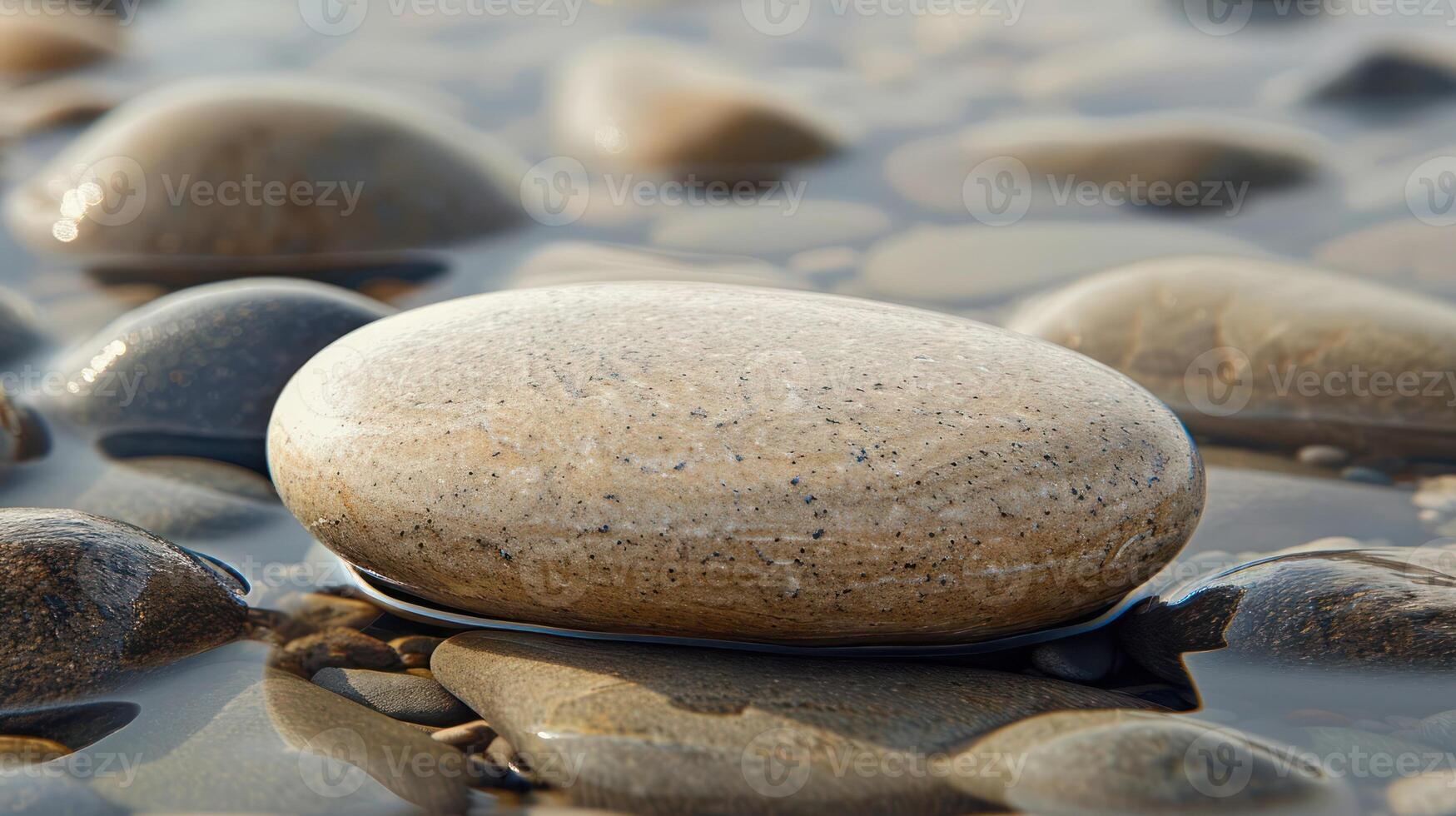 A smooth, rounded stone rests among smaller pebbles in shallow water. photo