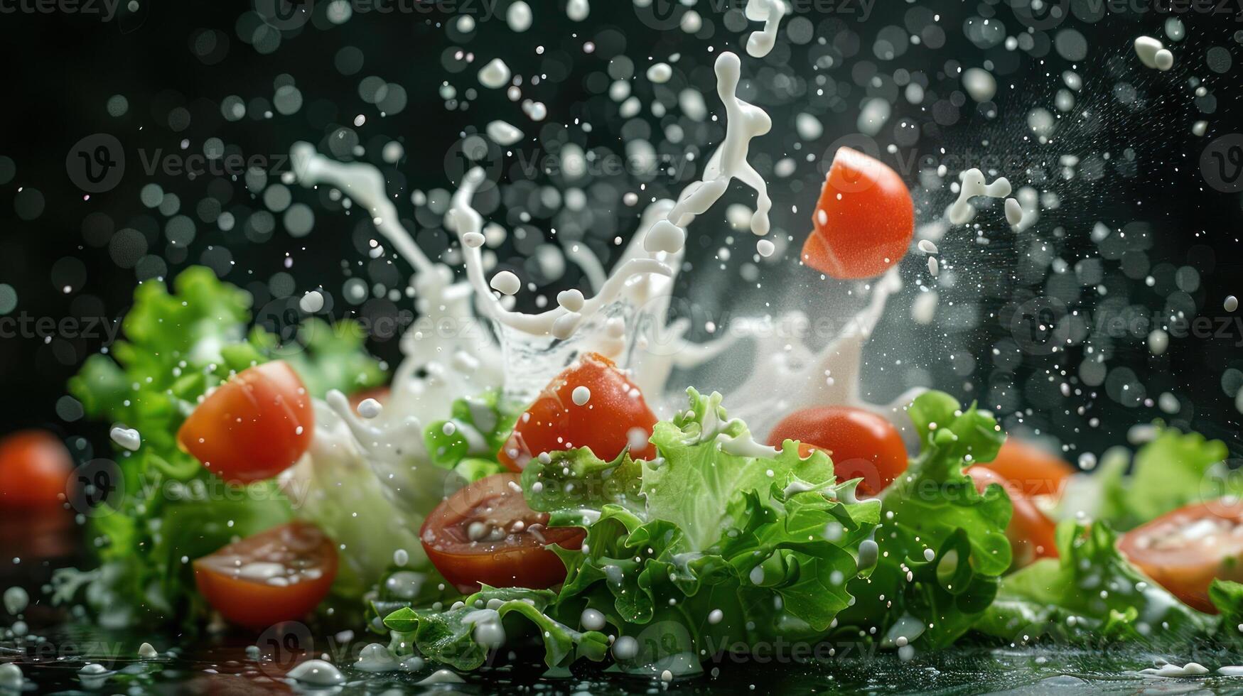 Fresh lettuce and cherry tomatoes splashing in milk, creating a dynamic food scene. photo