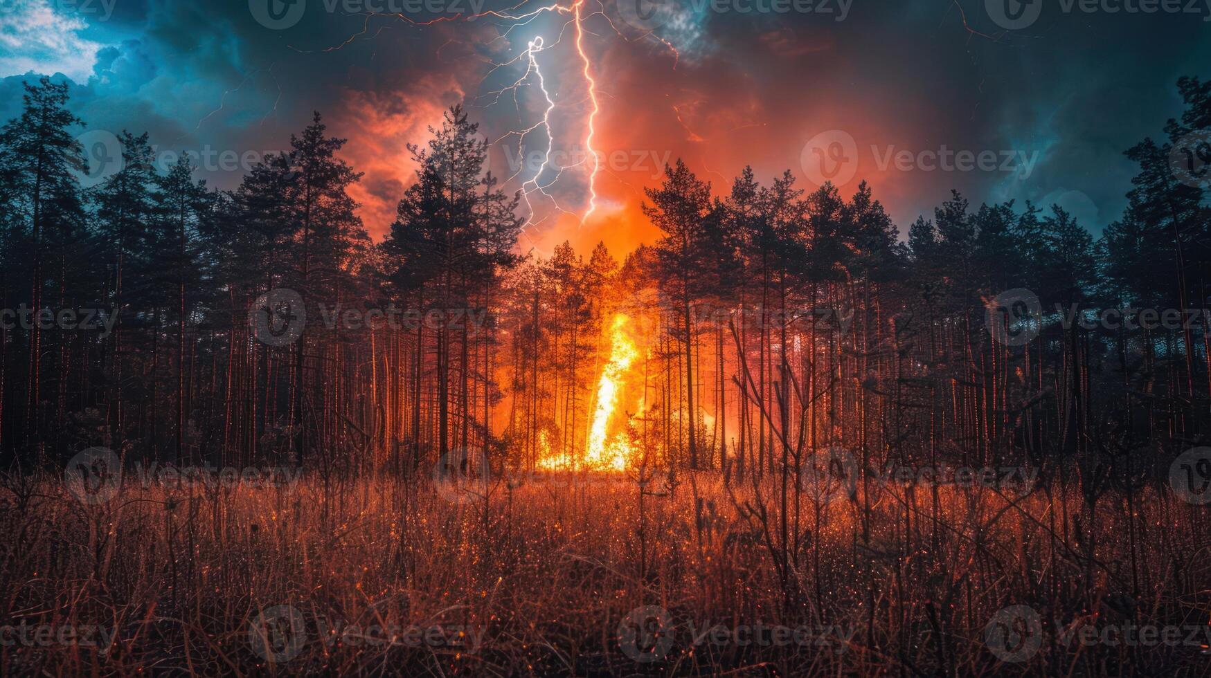 A dramatic forest fire scene illuminated by lightning against a stormy sky. photo