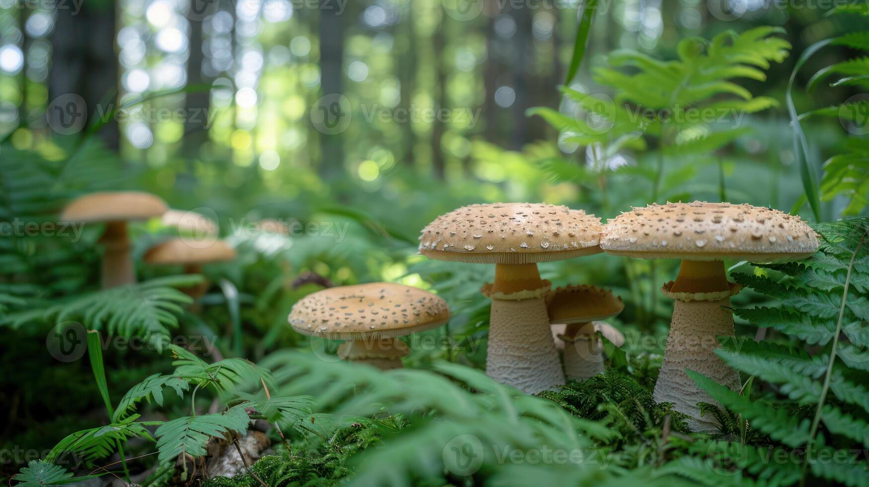 A serene forest scene featuring mushrooms among ferns in a lush, green environment. photo