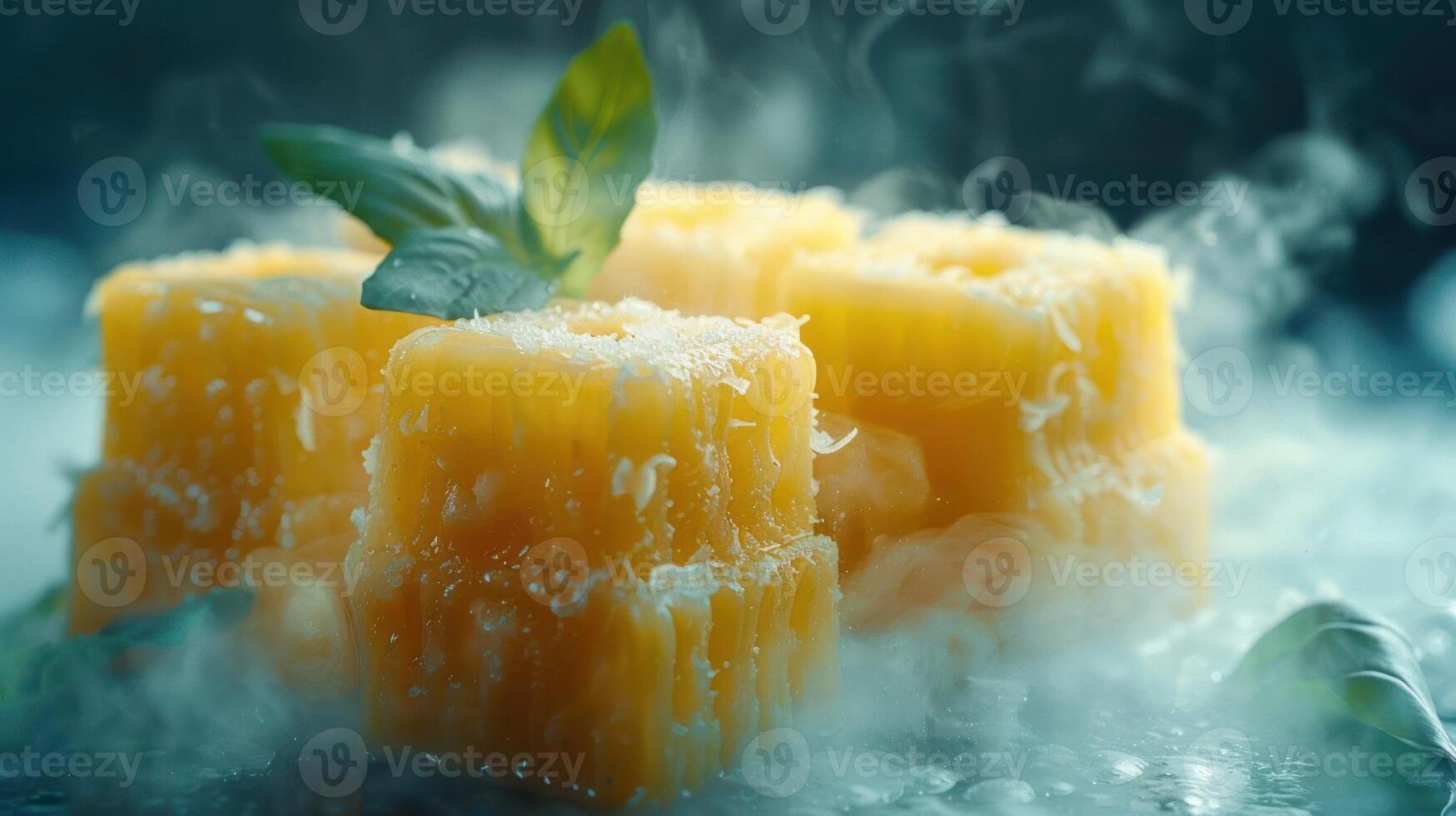 A close-up of yellow food cubes garnished with basil, surrounded by mist. photo