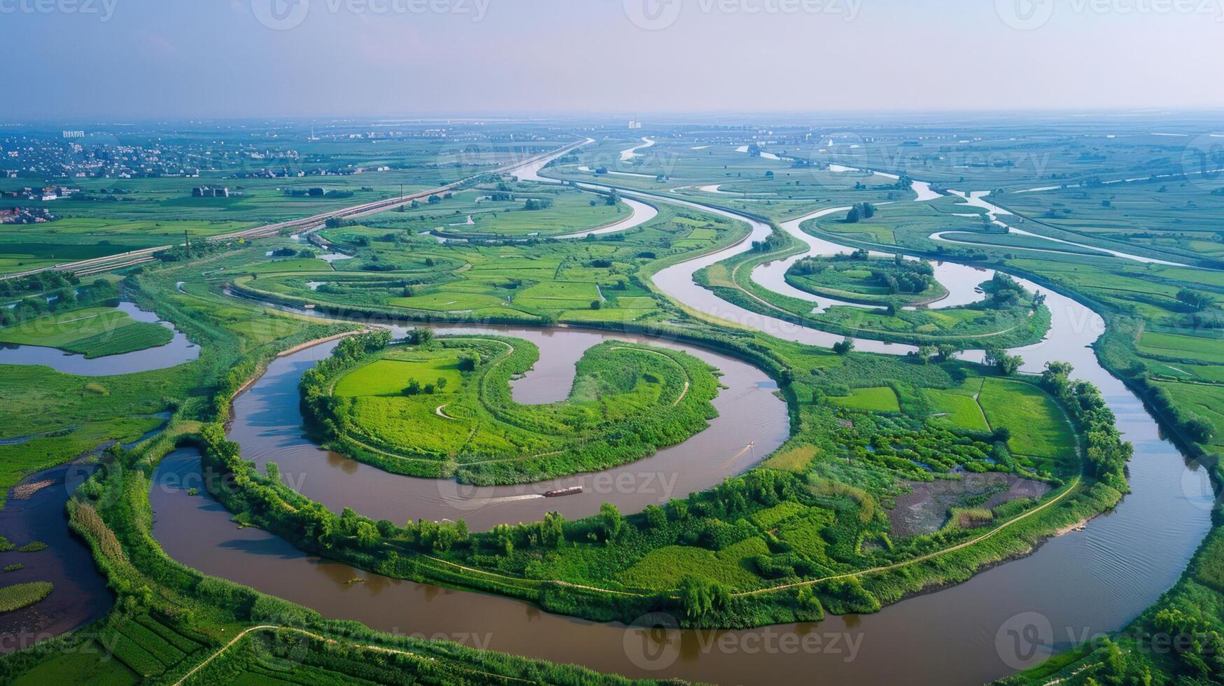 Aerial view of a winding river through lush green fields and landscapes. photo