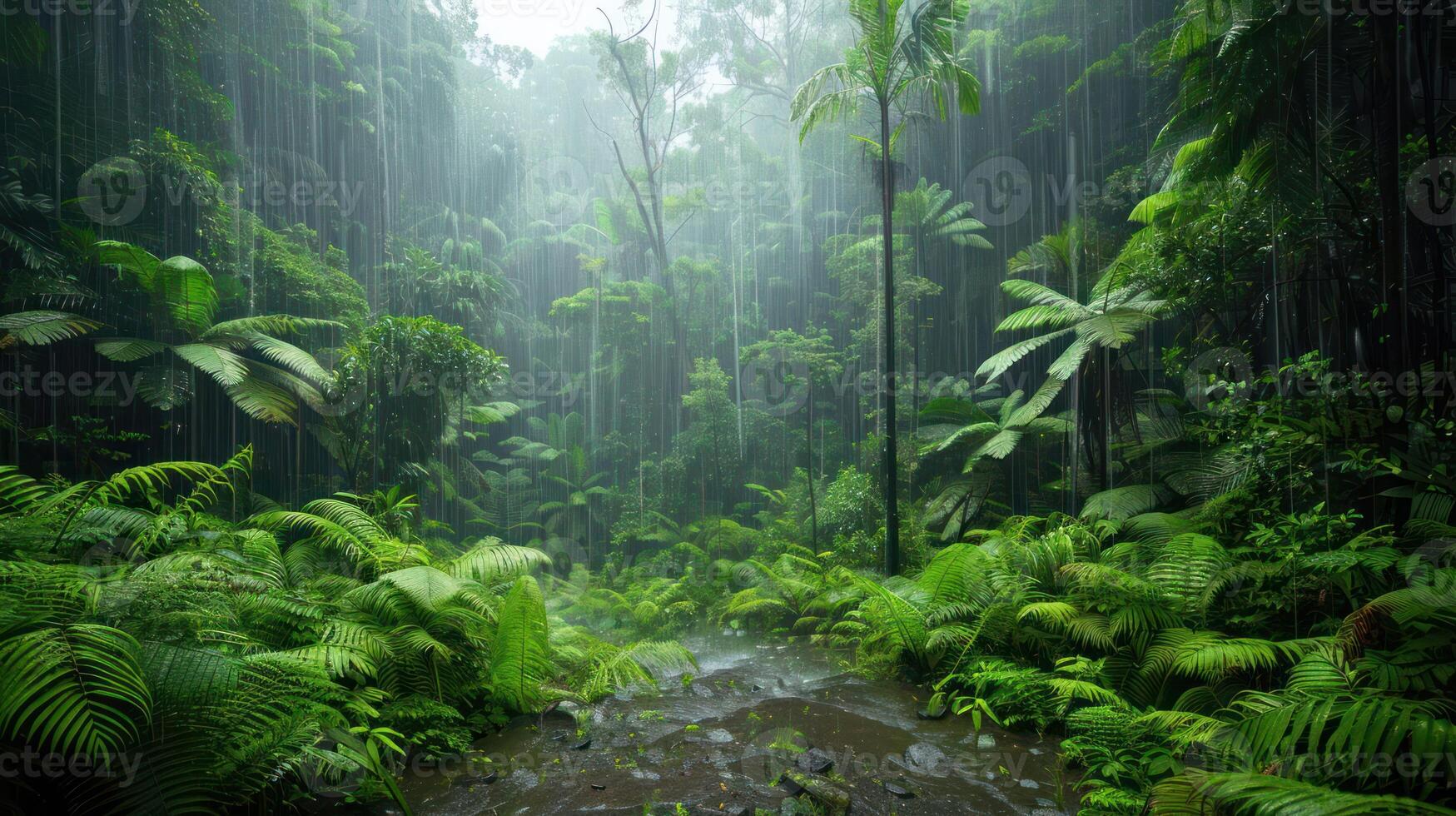 Lush rainforest scene with dense foliage and a gentle stream under rainfall. photo