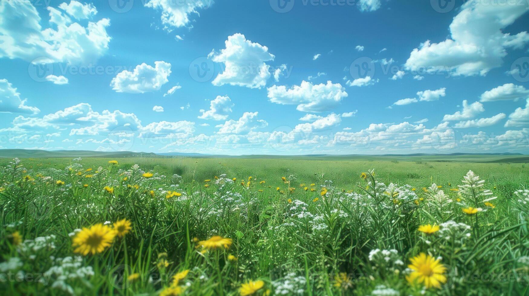 A vibrant landscape featuring colorful flowers under a bright blue sky with fluffy clouds. photo