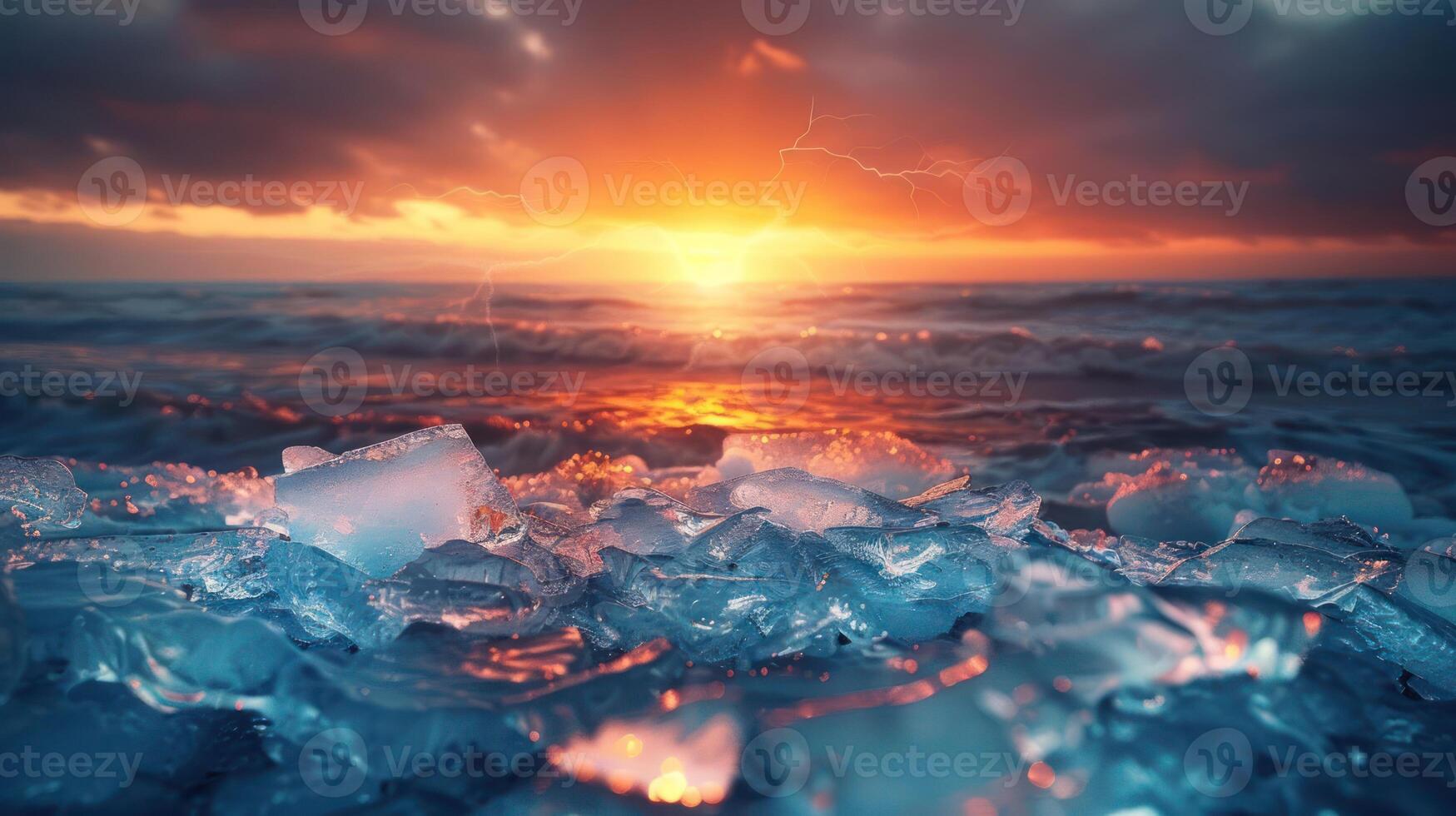 A stunning sunset over a beach with ice shards reflecting the vibrant colors of the sky. photo