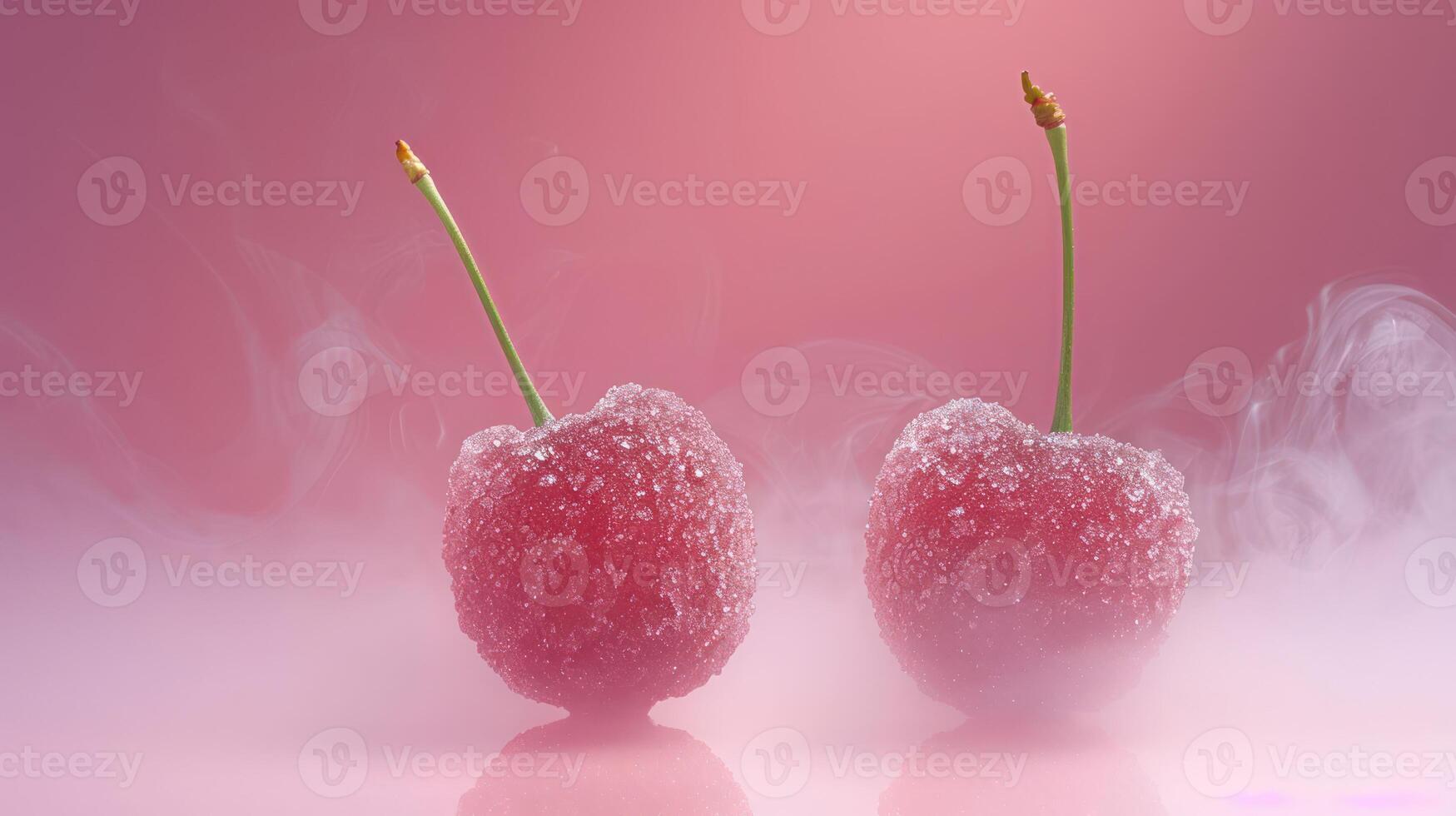 Two frosted cherries with green stems surrounded by mist on a pink background. photo