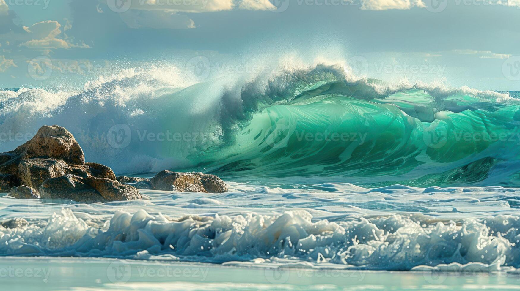 A vibrant wave crashing against rocks, showcasing the beauty of the ocean's power. photo