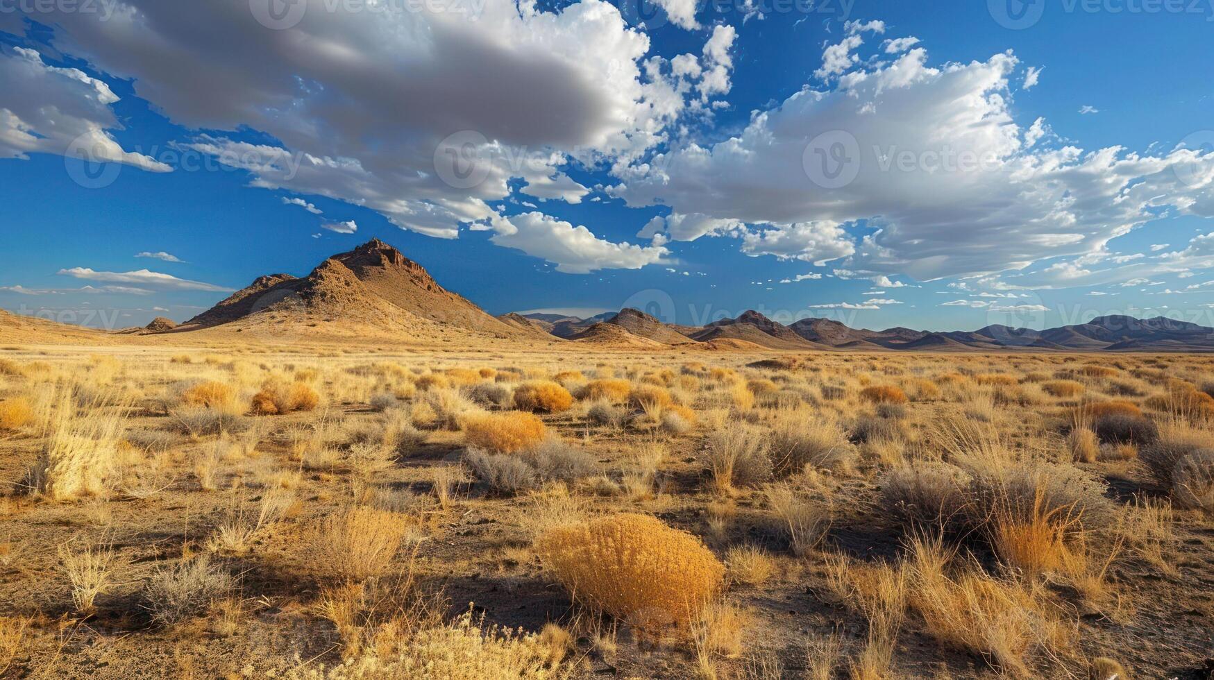 A vast desert landscape with mountains, clouds, and dry vegetation under a bright blue sky. photo