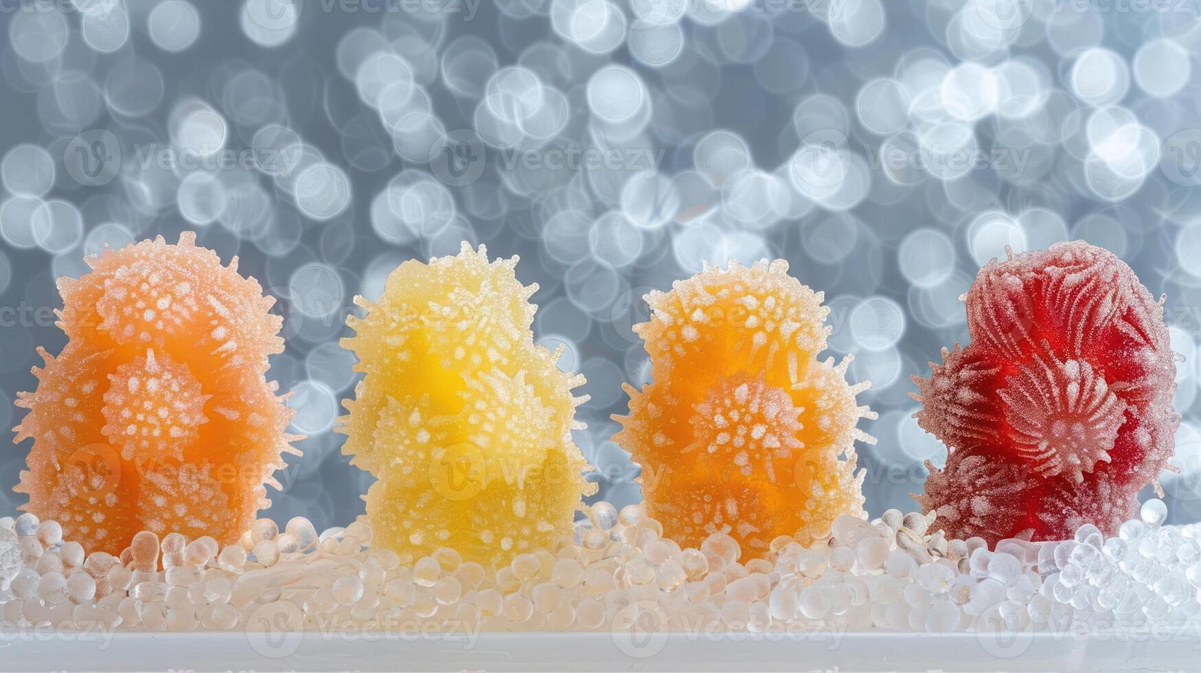 Colorful, textured candies arranged in a row with a sparkling background. photo
