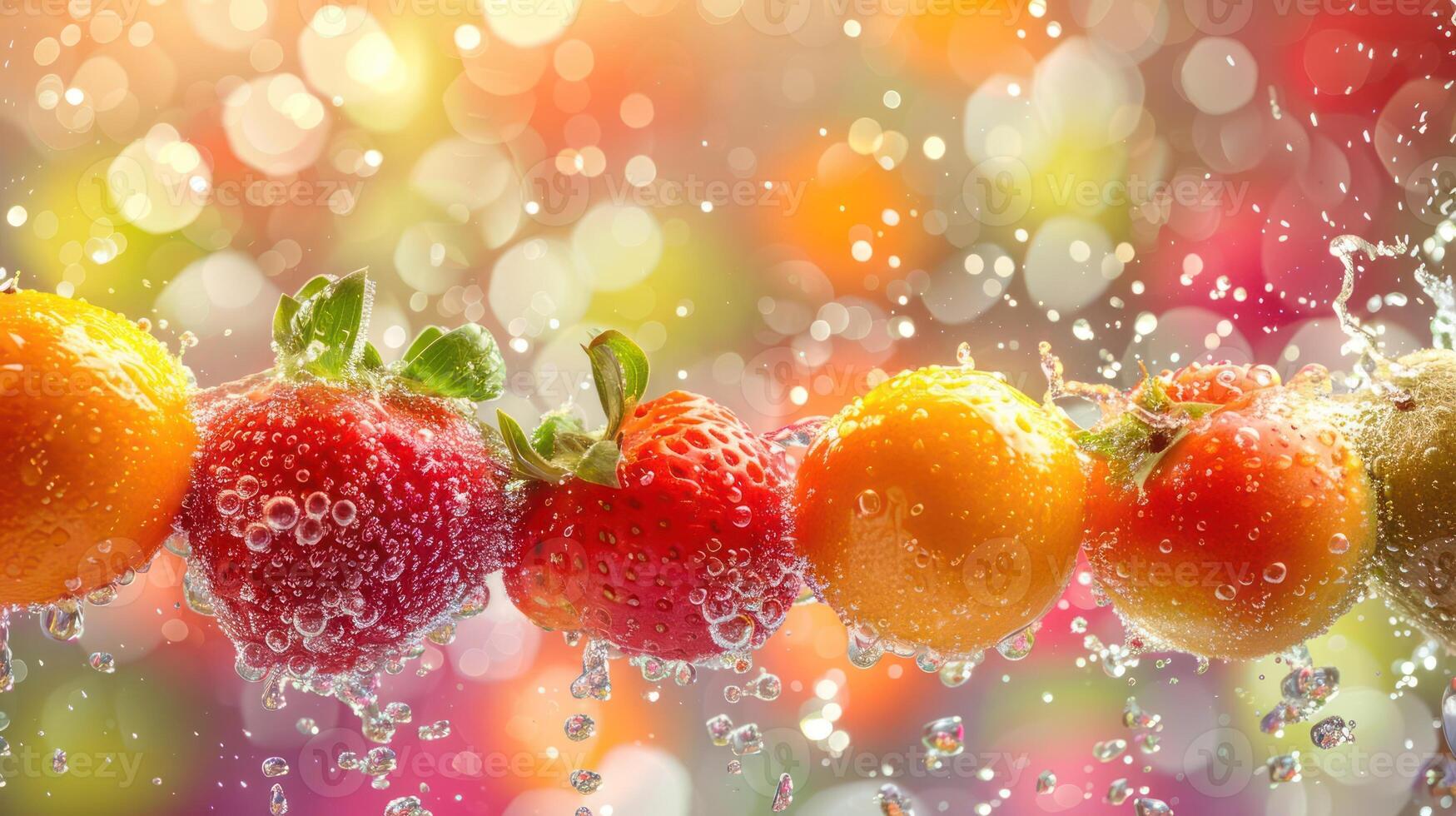 Colorful fruits splashing in water, creating a refreshing and vibrant visual effect. photo