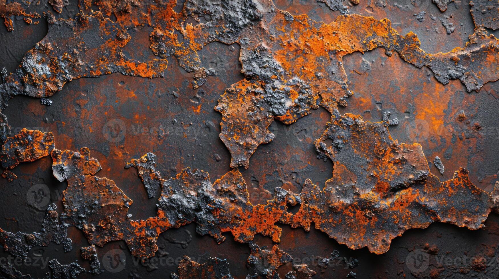 A textured surface showcasing rust and peeling paint in shades of orange and black. photo