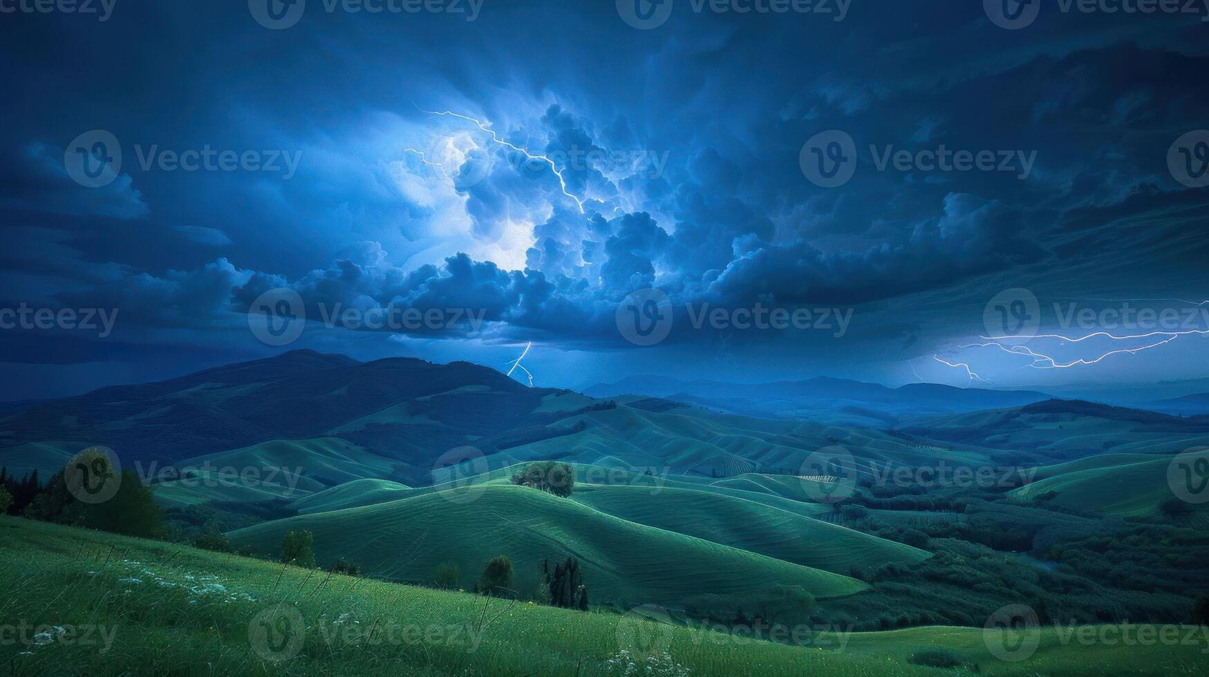 A dramatic landscape featuring rolling hills under a stormy sky illuminated by lightning. photo