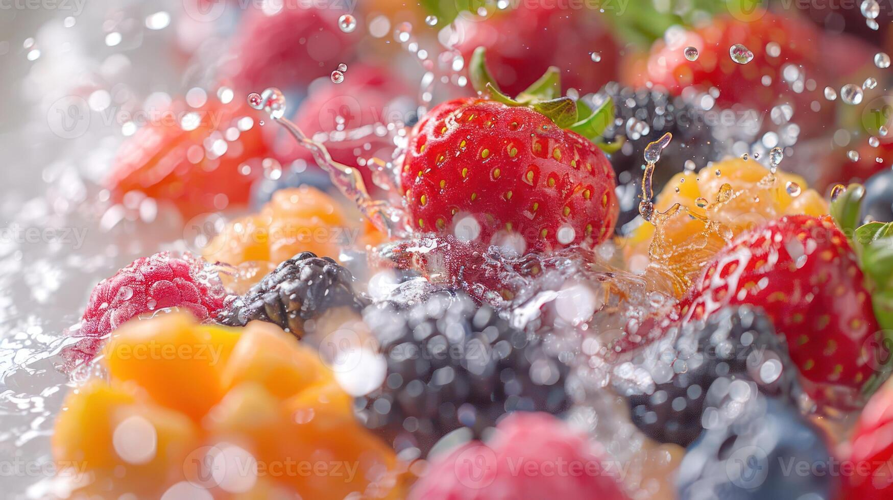 Vibrant splash of assorted berries and fruits in water, showcasing freshness and vitality. photo