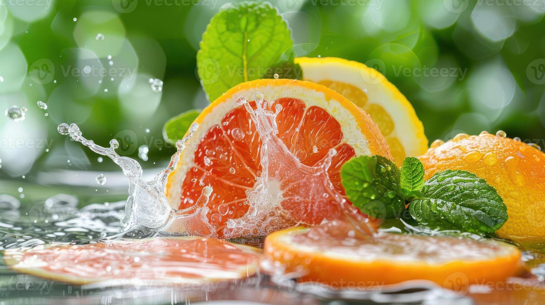 Fresh citrus slices with mint leaves splashing in water, showcasing vibrant colors and freshness. photo